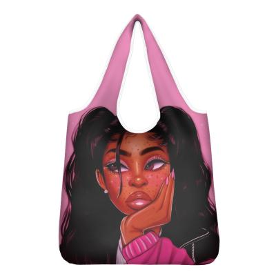 China Lightweight African Girls Pattern Eco Shopping Bag Polyester Hot Selling Fashionable Grocery Shopping Foldable Packaging Long Handle Wholesale Lady Bags for sale