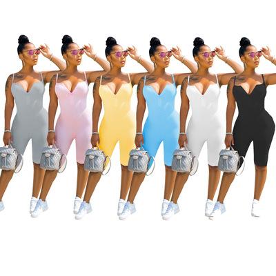 China Breathable Simple Summer Front Zipper Ladies Bodycon Romper One Piece Color Shorts Overalls Women 2020 for sale