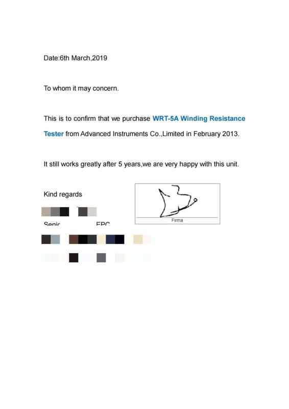 Performance Letter for 5A Winding Resistance Meter - Advanced Instruments Co.,Limited