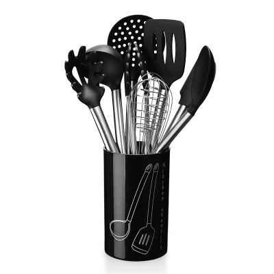 China Sustainable Food Grade Kitchen Utensils Silicone Stainless Steel 9 Pieces High End Handle Set Nonstick Cooking Baking Set for sale