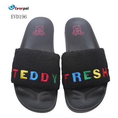 China CUSHIONING Custom Logo Embroidery Sandals Slippers Designs With Latest Furry Hot Ladies Slides for sale