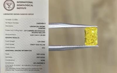 China IGI Certified Synthetic Yellow Diamonds Grit 1CT Radiant Cut Lab Created Yellow Diamonds for sale