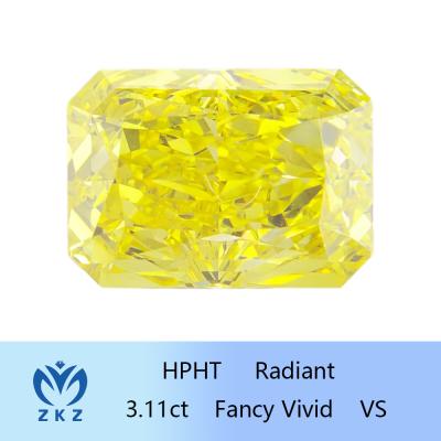 China Excellent Cut Radiant Shaped Yellow Lab Grown Diamonds 3ct+ VS IGI Certified HPHT Synthetic Diamond for sale