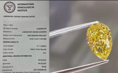 Κίνα 4CT CVD Yellow Lab Grown Diamond Pear Shape Fancy Vivid Yellow IGI rings Necklace προς πώληση