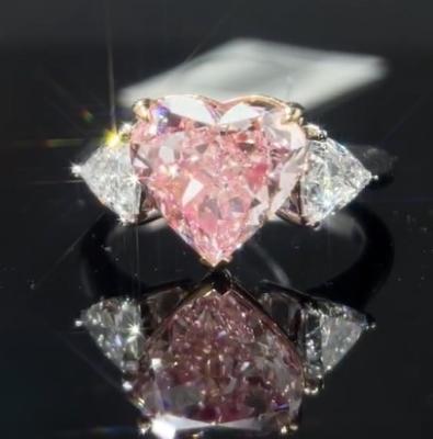 China Custom-Made Heart Cut Lab Created Diamond Ring Pink Jewelry 4.03ct Three Stone Style for sale