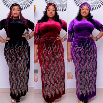 China African Dresses Of Plus Size Breathable Formal Dress For Women Velvet Dashiki Dress Long Maxi Dress With Scarf for sale