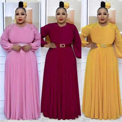 China Breathable African Women Dress Africa Printed First Style Dress Fashion Plus-size Solid Color Long Dress With Belt for sale