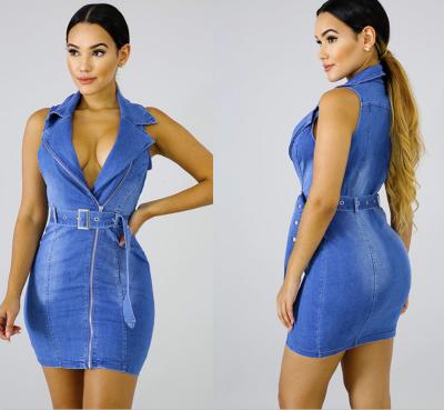 China New Popular Women's Amazon Summer Zipper V-Neck Anti-static Sexy Tight Dress Denim Sleeveless Dress for sale