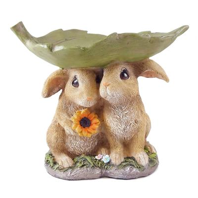 China Resin Viable Wholesale Easter Bunnies Leaf Bird Feeder Figurine for sale