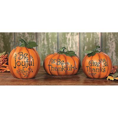 China Europe Resin Thanksgiving Pumpkin Set Carved With Either Joyful, Be Grateful And Give Thanks for sale