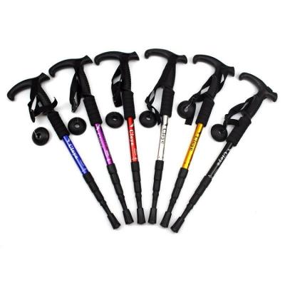 China Adjustable Folding Led Trekking Canes Aluminum Alloy Fender T-Handle 4 Section Protection Walking Stick Poles for sale