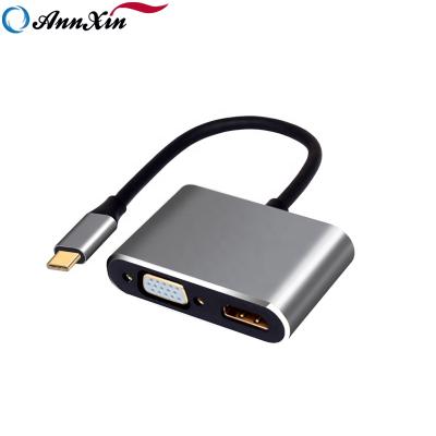 China Multimedia 4 in 1 Male USB Type C to HDMI+VGA+USB3.0+USB-C Charger Cable Adapter Converter Multiport HUB Famale for sale