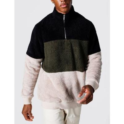 China Anti-Wrinkle Fashion Mens Faux Fur Jacquard Sherpa Fabric Sweatshirts Men's Casual Color Block Direct Borg Half Zipper Sweater Top Pullover for sale