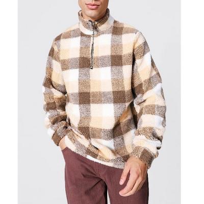 China Anti-Wrinkle Fashion Men's Casual Funnel Pullover Sweatshirt Men Half Zip Faux Fur Sherpa Check Flannel Sweatshirts for sale