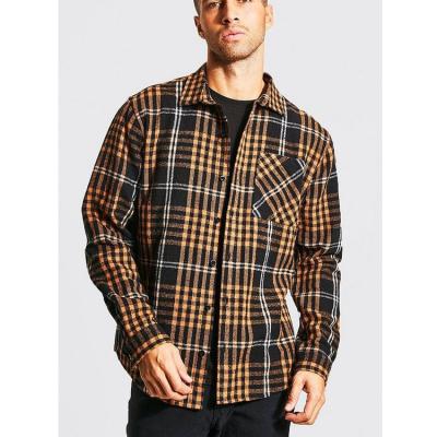 China Anti-pilling Custom Logo Mens Casual Brown Heavy Weight Check Overshirt Split Oversized Edge Long Sleeve Flannel Checked Shirt for sale