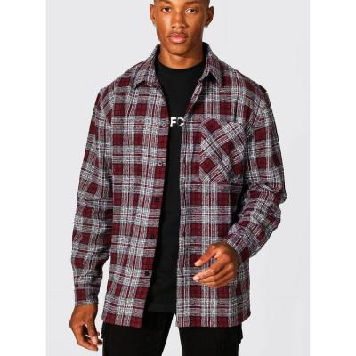 China Anti-pilling Custom Embroidered Oversized Checked Shirt Logo Mens Casual Long Sleeve Burgundy Red Flannel for sale