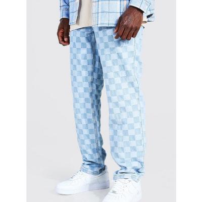 China Wholesale QUICK DRY Mens All Over Print Denim Pants Relaxed Fit Rigid Checkerboard Straight Leg Jeans for sale