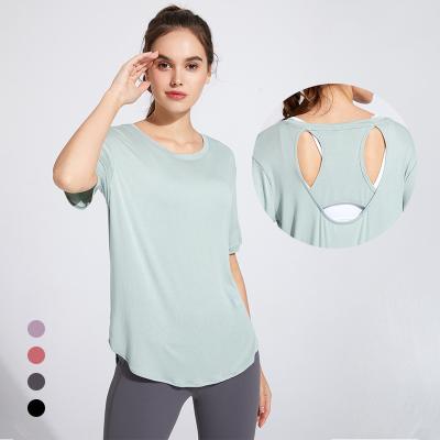 China Sports Wear T-shirt Blouse Sleeve Breathable Ladies Short Loose Tops Yoga Backless Sexy Cut Out Common Wear for sale