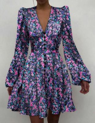 China Anti-wrinkle Fashion Women Summer Dress Long Sleeve Chiffon Floral Printing Casual Dresses for sale