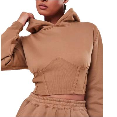 China Custom Anti-Wrinkle Women's Crop Top Hoodies Women Sports 2 Pieces Corset Sweatshirt Set Pullover Hoodie Oversized Sweatpants Fits Suit for sale