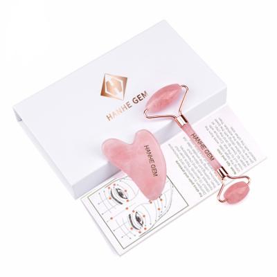 China Best price Hanhe Gem Face Massage Hand Held Beauty Rose Quartz Jade Roller Gua Sha Facial Rose Jade Roller For Face With Box for sale