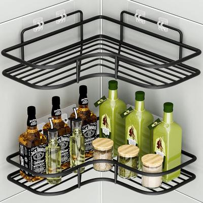 China Wall Mounted Type Factory Double Tier Bathroom kitchen bookroom corner triangle shelf Metal perforation-free with Sticky hook for sale