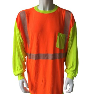 China Anti-Pilling 100% Cotton Yellow And Orange Long Sleeve Safety T-Shirt With Reflective Heat Set Tape for sale