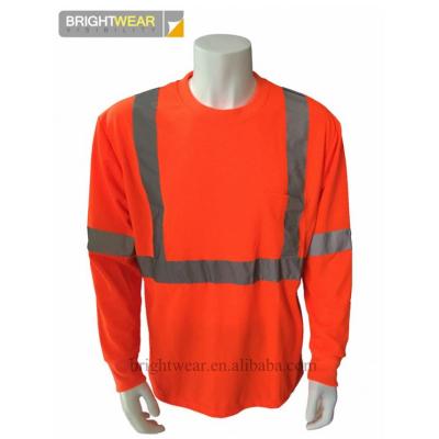 China Class 3 ANSI Anti-Pilling Long Sleeve Safety T-Shirt Orange Color With Sew-on Reflective Tape for sale