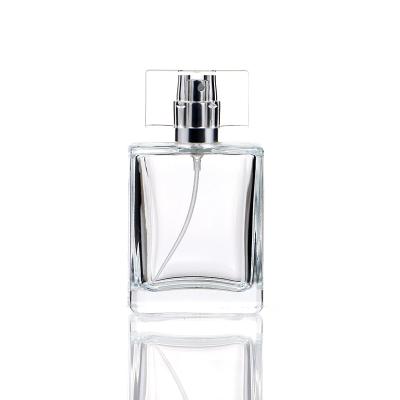 China Custom Modern Personal Care High Capacity 50ml Flat Square Spray Glass Perfume Bottle for sale