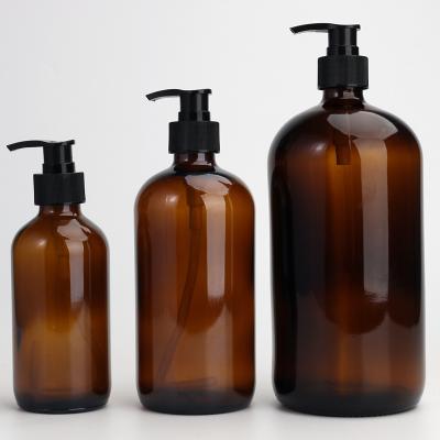 China High Quality Personal Care 240ml 480ml 1000ml Brown Amber Boston Glass Bottle With Lotion Pump for sale