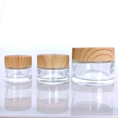 China Wholesale Clear Frosted Glass Plastic Cover 5g 10g 15g 20g 30g 50g 60g 100g Eye Cream Wooden Bamboo Grain Cosmetic Jar With Plastic Inner for sale