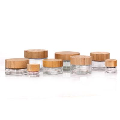 China Real Eye Cream Jar 5g 10g 15g 30g 50g 100g Clear Frosted Glass Bamboo Lid With Plastic Inner Bamboo Creamer for sale