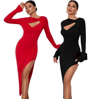 China Anti-Static 2023 new hot sale fashion sexy long dress slim sheath dress covering buttocks with slit dress for women for sale