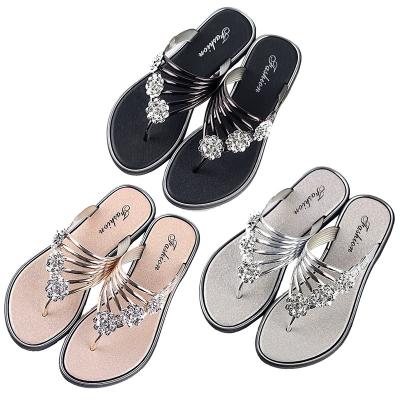 China Light Weight High Quality Adult Sequins Flowers Popular Elements Flat Shoes Slippers For Women Rhinestone Flip Flops Slipper Shoes With Rhin for sale