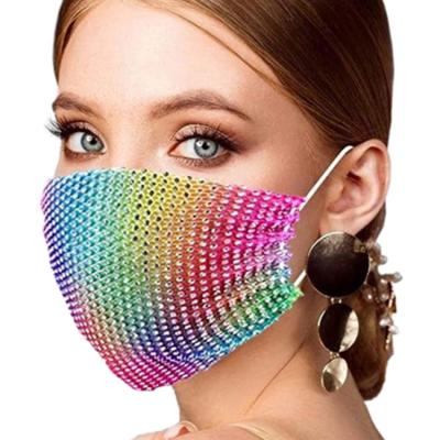 China breathable & Fashionale DWDP Crystal Masquerade Mask Rhinestone Mesh Mask Halloween Chain Bling Stones Face Veil for sale