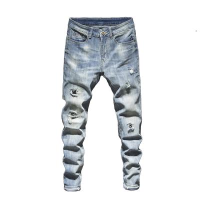 China Straight Mens Ripped Jeans Slim Spring Autumn Destroyed Torn Stylish Moto Biker Jeans Denim Pants Men Hip Hop Fit Light Blue Streetwear for sale