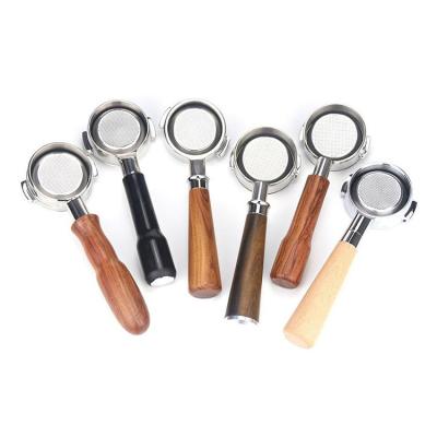 China Custom Stainless Steel 53mm Bottomless Coffee Tools Stocked Wooden Handle Portafilter for sale