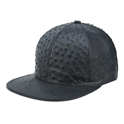 China Custom Plain Black Ostrich Skin Snapback Ostrich Skin Snapback Hat 6 Panel Flat Brim Hat & Cap for sale