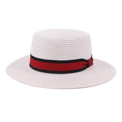 China Women's Men's Summer Striped Straw Sun Beach Boater Flat Top Hat for sale