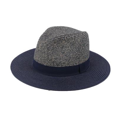 China Wide Brim Sun Visor Hat Summer Unisex Striped Panama Floppy Straw Hat With Navy Ribbon for sale