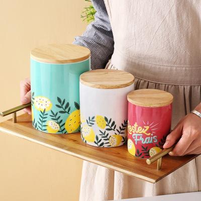 China Custom Ceramic Food Storage Canisters Airtight With Bamboo Seal Lid for sale