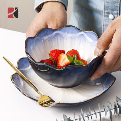 China Sustainable New Design Decorative Flower Shaped Rim Fruit Dessert Bowl Ceramic Salad Bowl for sale