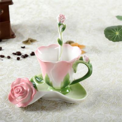 China Sustainable Floral 3D Pattern Enamel Cup And Saucer Set Porcelain for sale