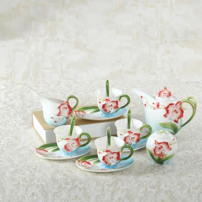 China Viable Colorful 7PCS Flower Shaped 3D To Glaze Tea Set Ceramic Coffee Cup Set With Saucer And Spoon for sale