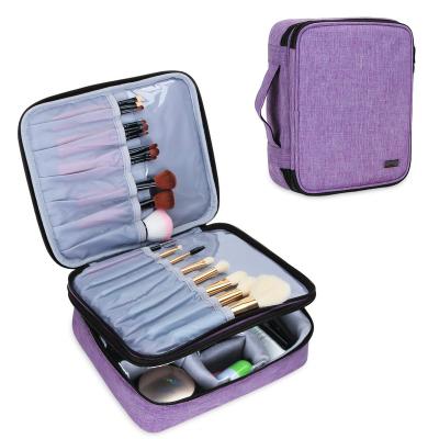 China Adjustable 3 Layer Purple Multifunctional Portable Large Cosmetic Dividers Organizer Bag Train Case for sale