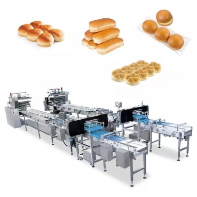 China Multifunktionsbäckerei-Nahrungsmittelautomatische Fütterungslinie Burger-Brötchen-Würstchen-Hamburger-Verpackmaschine zu verkaufen