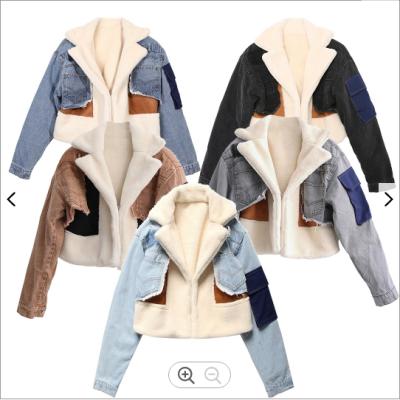 China Shearling Striped Denim Bottoms Breathable Jean Jacket For Women 2021 MOQ Wholesale Factory Women Long Sleeve Patchwork for sale