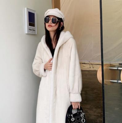 China Winter White Mink Coat With Hood Velvet Anti-Shrink White Fur Long Ditch Women Coat for sale