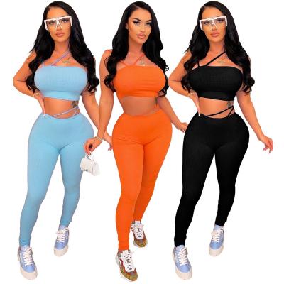 China LANTU QUICK DRY New 2022 Customized Logo Threaded Suspenders High Waist Pants Women Casual Two Piece Set for sale