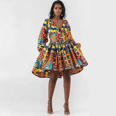 China Breathable Digital Print Women Long Sleeve Sexy V-neck African Print Skirts Dresses for sale